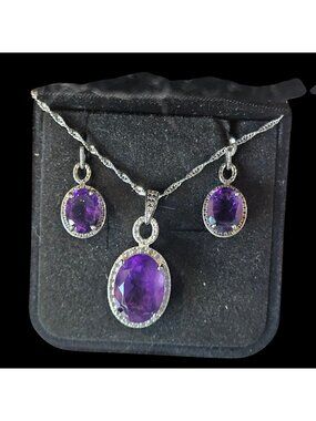 Amethyst Necklace Set Earrings Sterling Silver Oval Purple Gift For Her 18"
